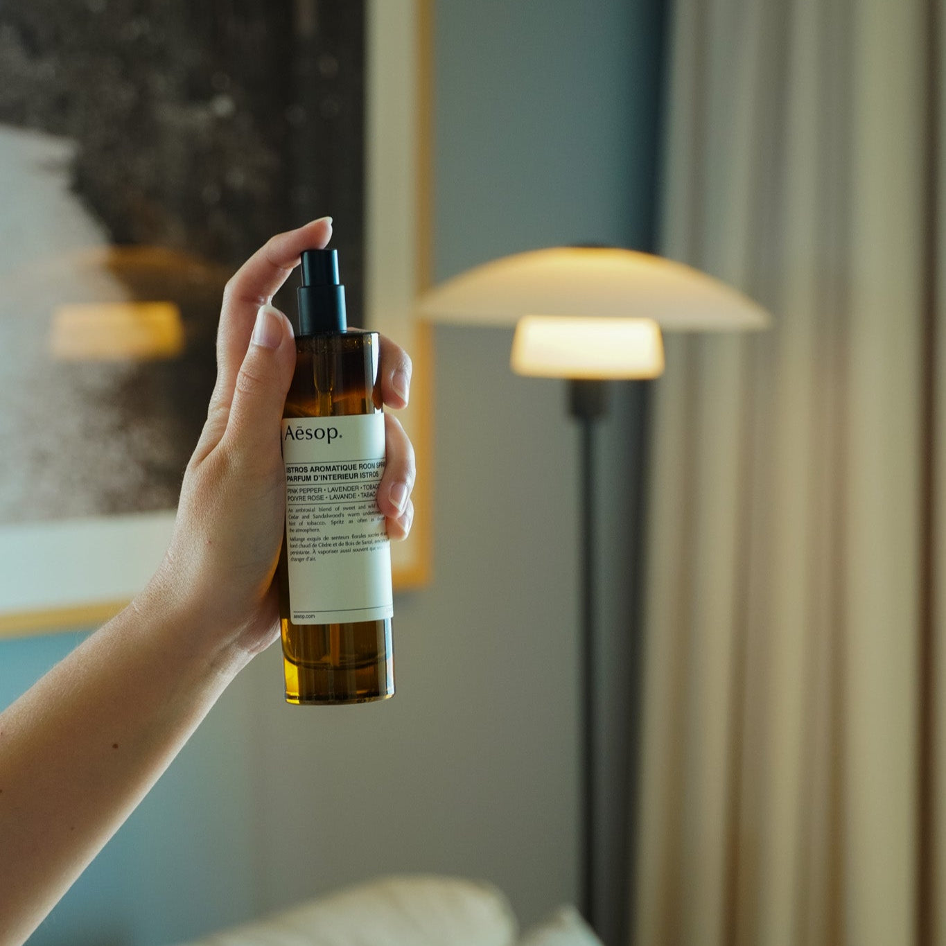 Hand holding a bottle of Skinfood product in a living room setting